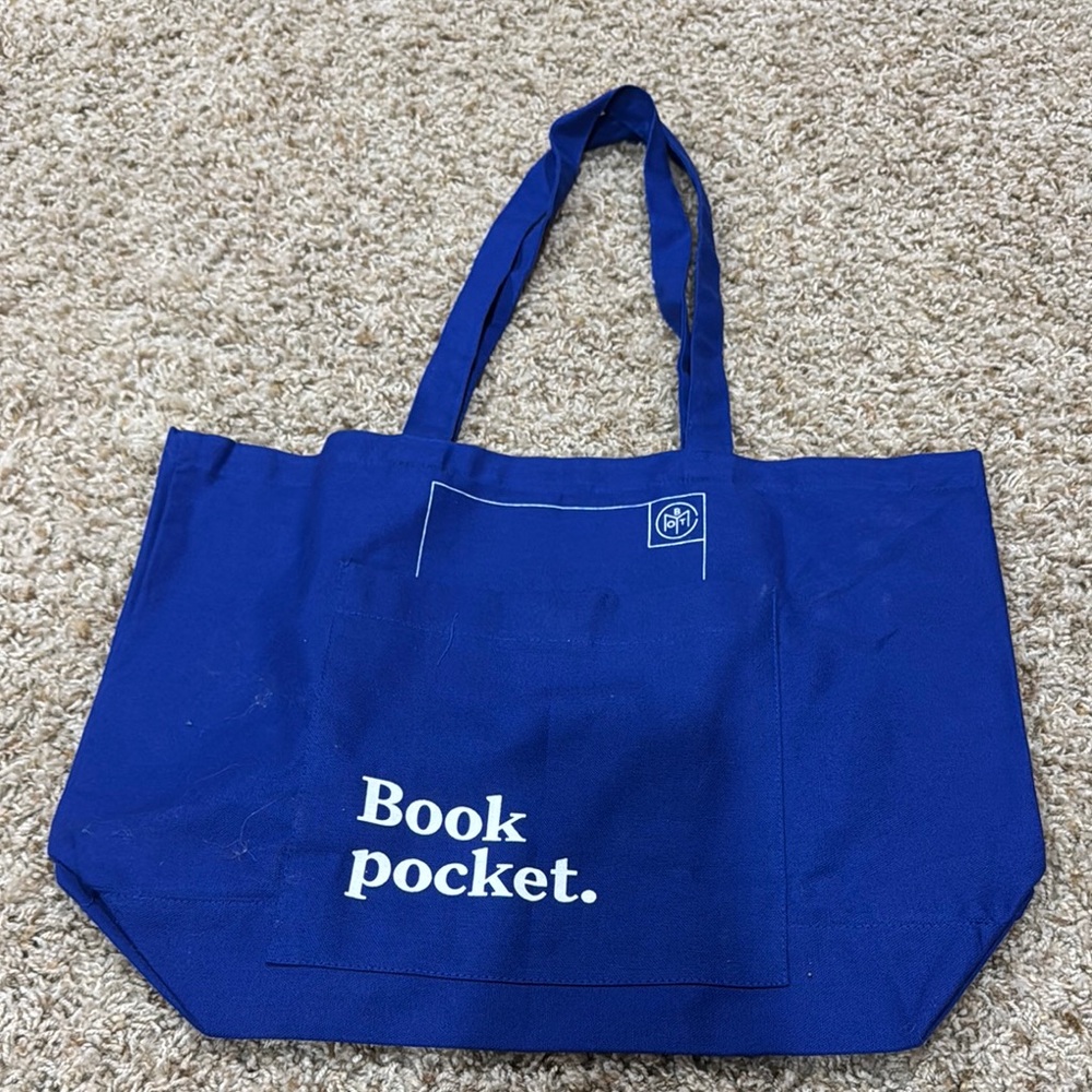 Blue Tote Bag with Book Pocket Design